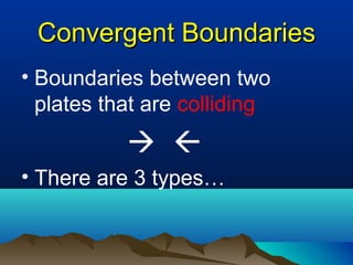 Convergent Boundaries Boundaries between two plates that are  colliding     There are 3 types… 