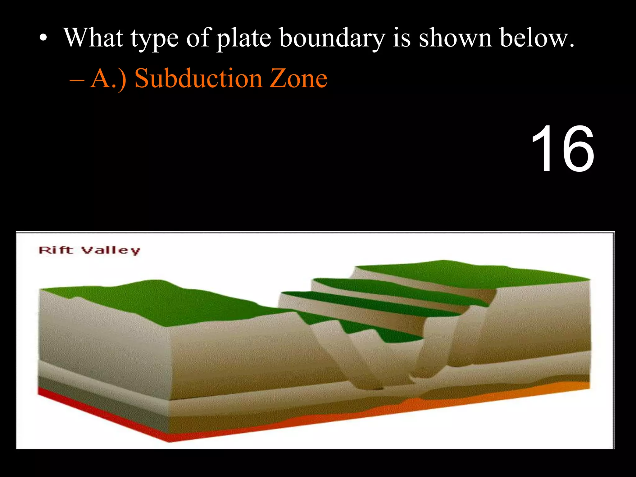• What type of plate boundary is shown below.
– A.) Subduction Zone
16
 