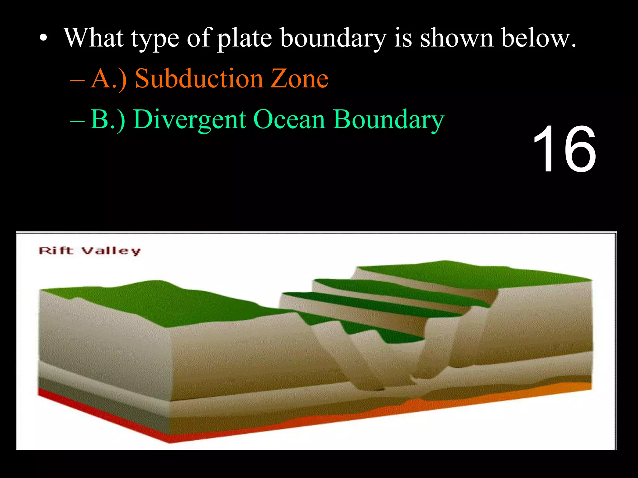 • What type of plate boundary is shown below.
– A.) Subduction Zone
– B.) Divergent Ocean Boundary
16
 