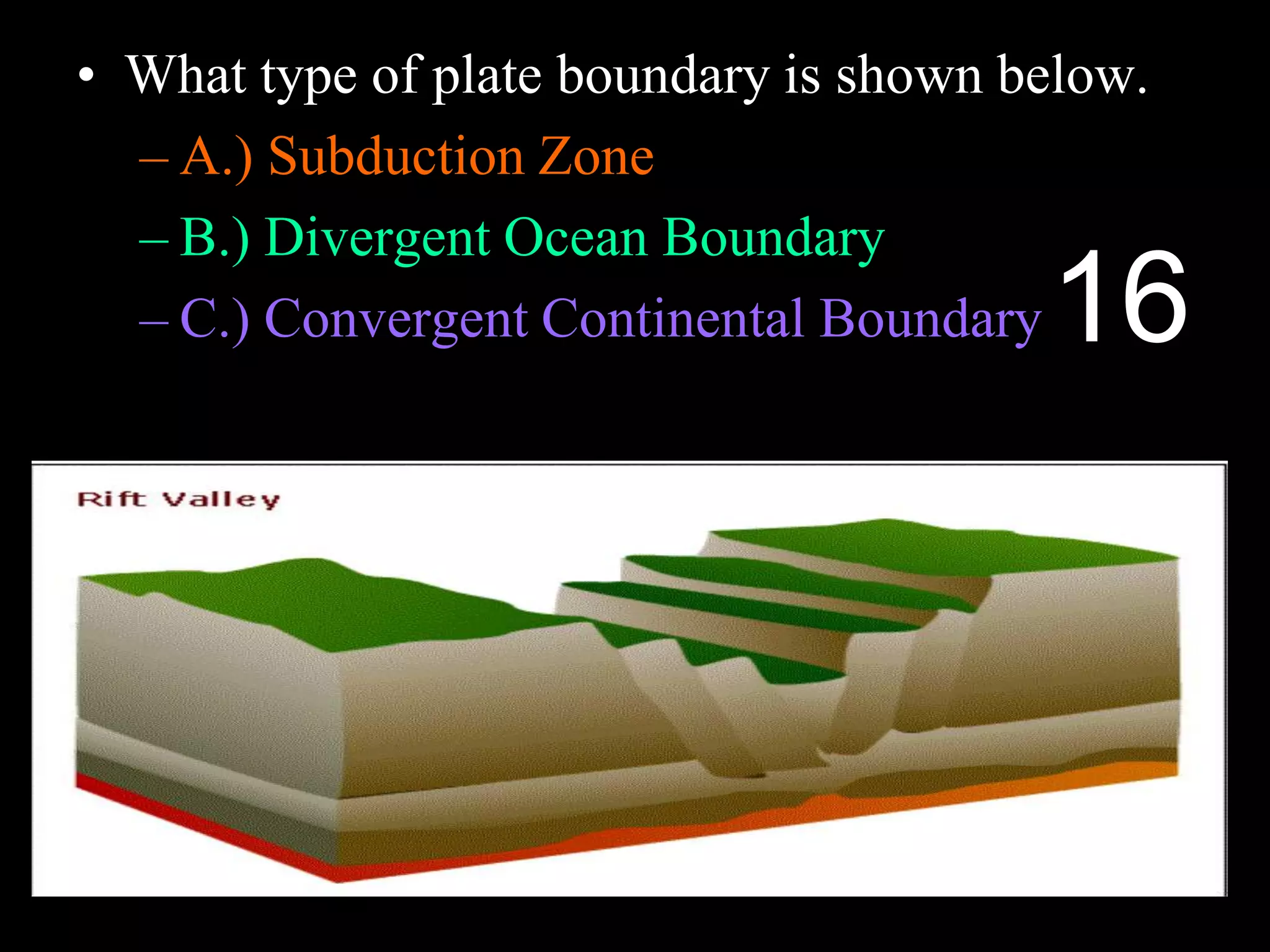 • What type of plate boundary is shown below.
– A.) Subduction Zone
– B.) Divergent Ocean Boundary
– C.) Convergent Continental Boundary16
 