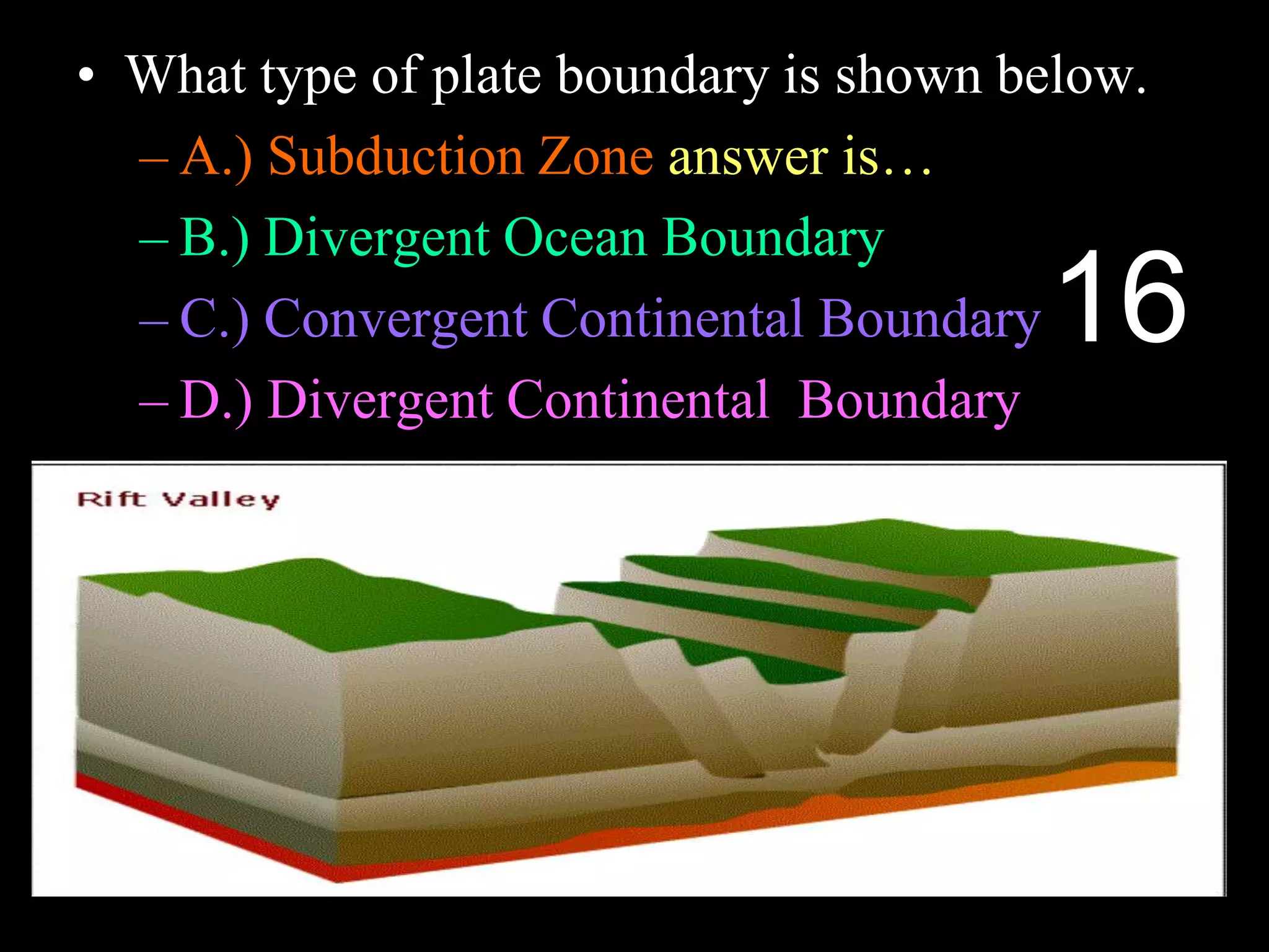 • What type of plate boundary is shown below.
– A.) Subduction Zone answer is…
– B.) Divergent Ocean Boundary
– C.) Convergent Continental Boundary
– D.) Divergent Continental Boundary
16
 
