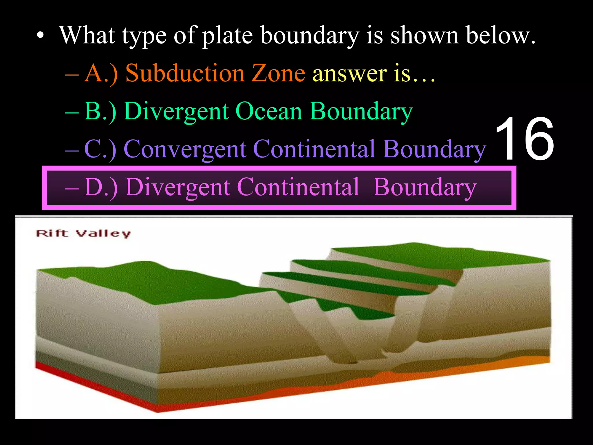 • What type of plate boundary is shown below.
– A.) Subduction Zone answer is…
– B.) Divergent Ocean Boundary
– C.) Convergent Continental Boundary
– D.) Divergent Continental Boundary
16
 