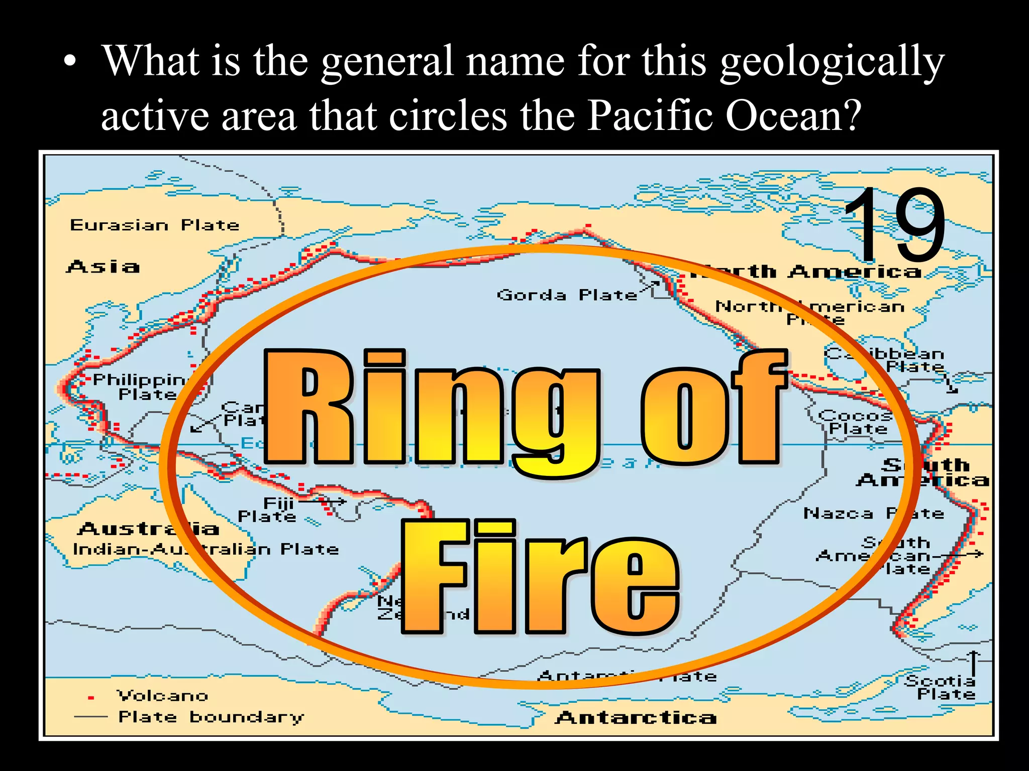 • What is the general name for this geologically
active area that circles the Pacific Ocean?
19
 