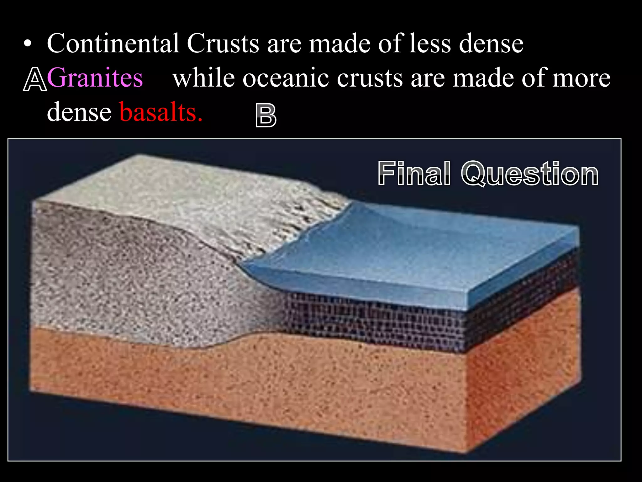 • Continental Crusts are made of less dense
Granites while oceanic crusts are made of more
dense basalts.
 