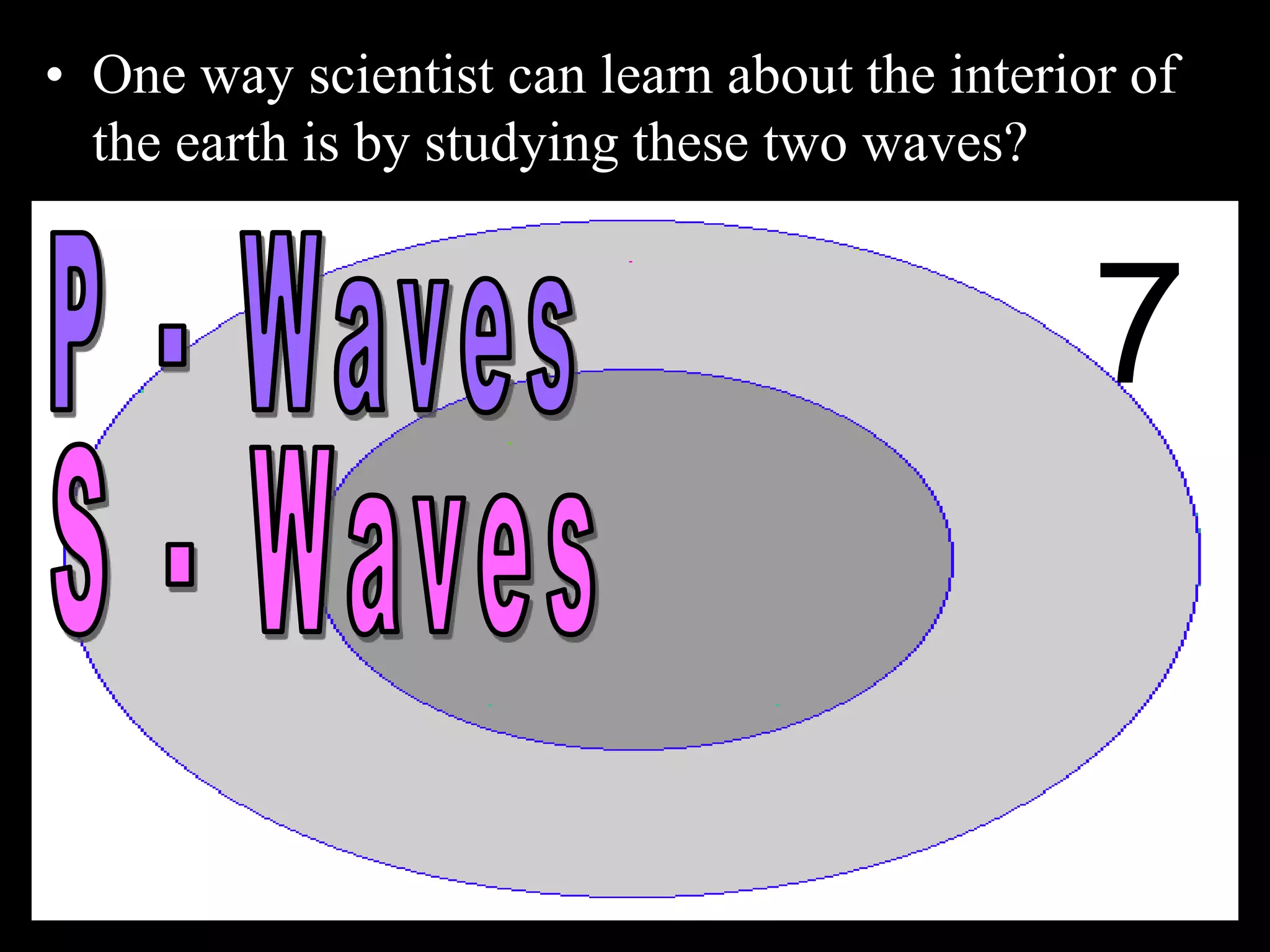 • One way scientist can learn about the interior of
the earth is by studying these two waves?
7
 