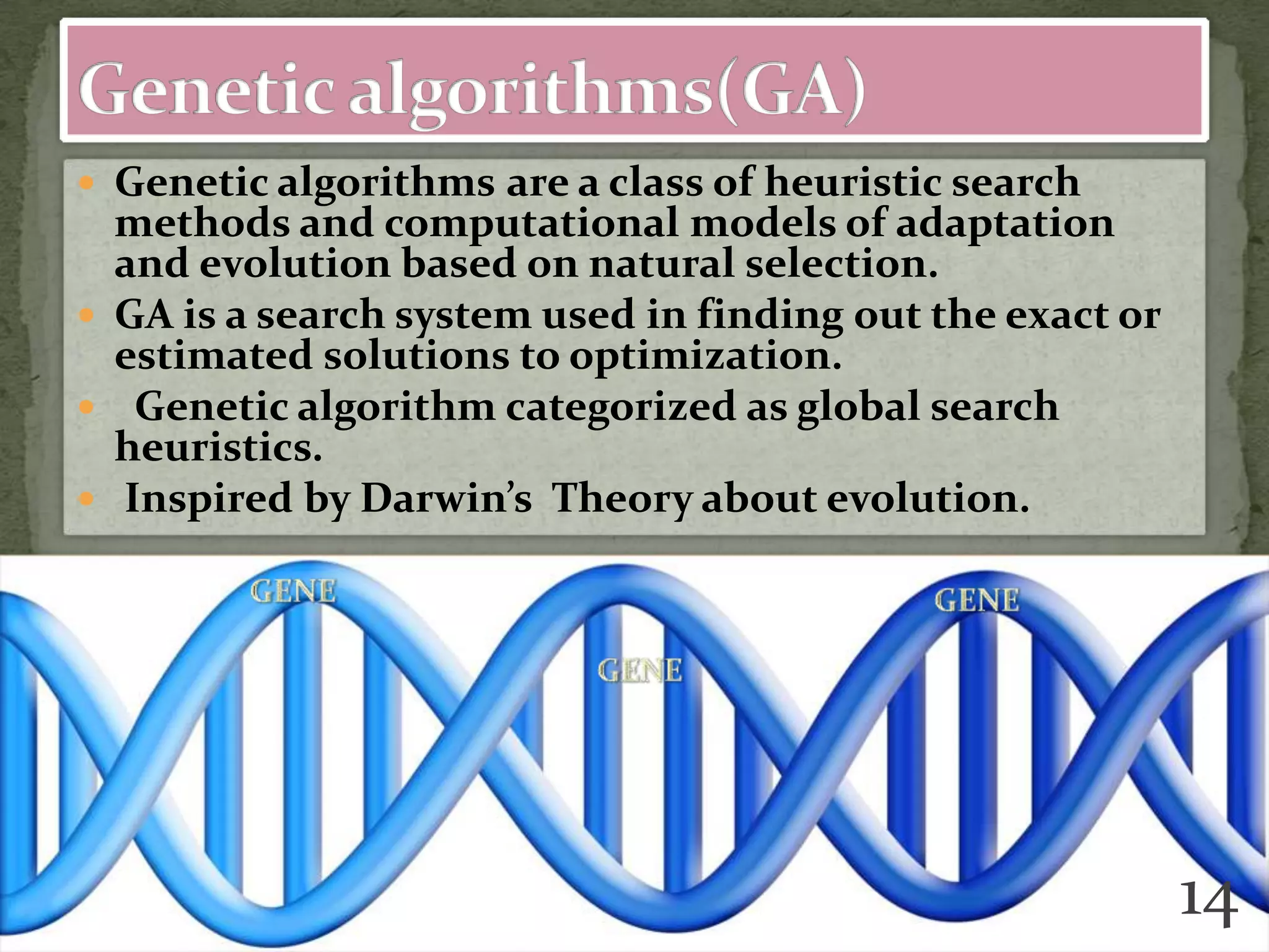  Genetic algorithms are a class of heuristic search
methods and computational models of adaptation
and evolution based on natural selection.
 GA is a search system used in finding out the exact or
estimated solutions to optimization.
 Genetic algorithm categorized as global search
heuristics.
 Inspired by Darwin’s Theory about evolution.
14
 