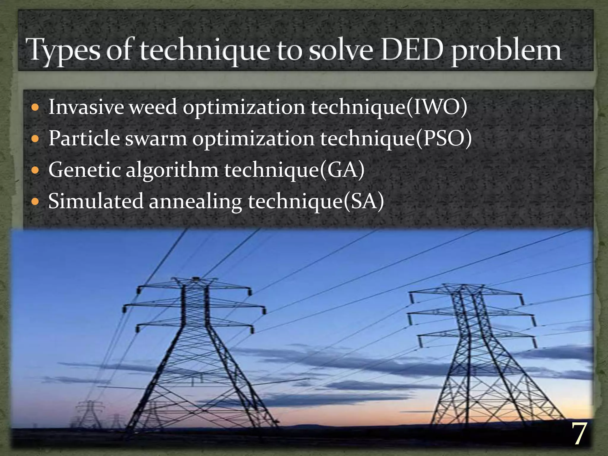  Invasive weed optimization technique(IWO)
 Particle swarm optimization technique(PSO)
 Genetic algorithm technique(GA)
 Simulated annealing technique(SA)
7
 