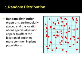    Random distribution-
    organisms are irregularly
    spaced and the location
    of one species does not
    appear to affect the
    location of another;
    more common in plant
    populations.
 