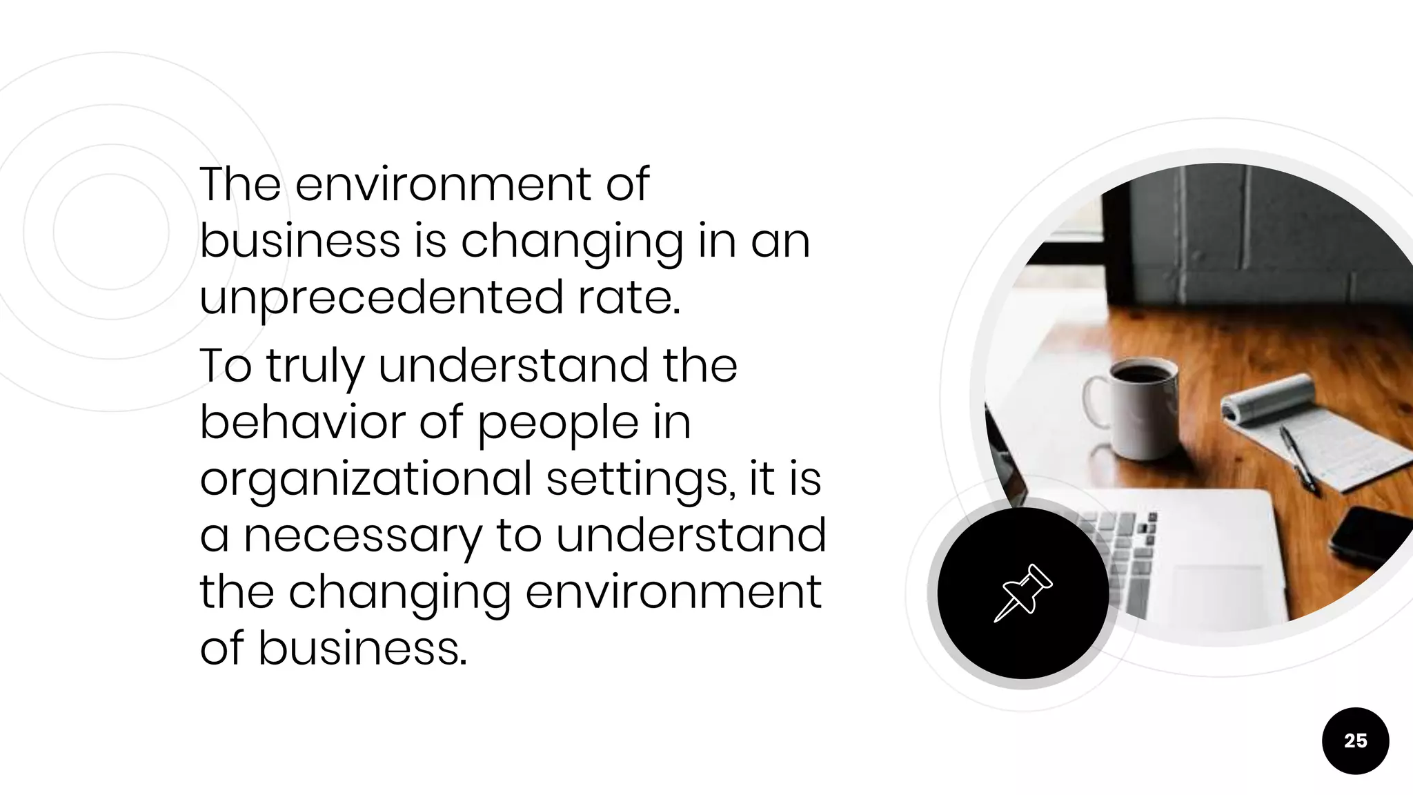 The environment of
business is changing in an
unprecedented rate.
To truly understand the
behavior of people in
organizational settings, it is
a necessary to understand
the changing environment
of business.
25
 