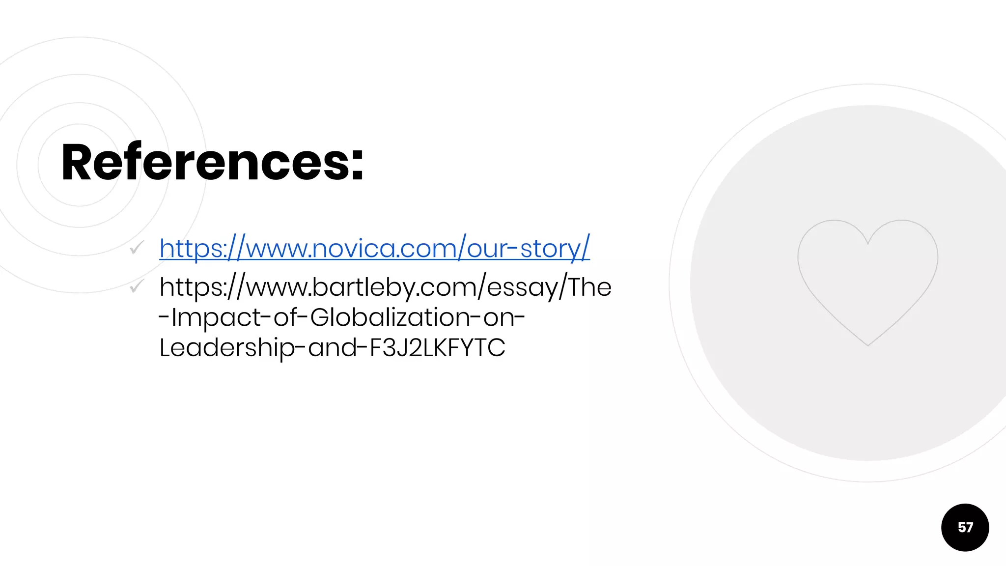 References:
 https://www.novica.com/our-story/
 https://www.bartleby.com/essay/The
-Impact-of-Globalization-on-
Leadership-and-F3J2LKFYTC
57
 