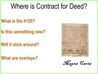 Where is Contract for Deed?
What is the 4155?
Is this something new?
Will it stick around?
Magna Carta
What are overlays?
 