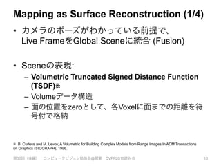 Mapping as Surface Reconstruction (1/4)
•  カメラのポーズがわかっている前提で、
Live FrameをGlobal Sceneに統合 (Fusion)
•  Sceneの表現:
–  Volumetric Truncated Signed Distance Function
(TSDF)※
–  Volumeデータ構造
–  面の位置をzeroとして、各Voxelに面までの距離を符
号付で格納
第30回（後編） コンピュータビジョン勉強会@関東 CVPR2015読み会 10
※ B. Curless and M. Levoy, A Volumetric for Building Complex Models from Range Images In ACM Transactions
on Graphics (SIGGRAPH), 1996.
 