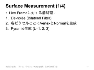 Surface Measurement (1/4)
•  Live Frameに対する前処理：
1.  De-noise (Bilateral Filter)
2.  各ピクセルごとにVertexとNormalを生成
3.  Pyramid生成 (L=1, 2, 3)
第30回（後編） コンピュータビジョン勉強会@関東 CVPR2015読み会 17
 