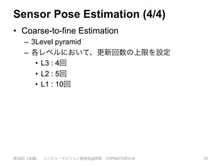 Sensor Pose Estimation (4/4)
•  Coarse-to-fine Estimation
–  3Level pyramid
–  各レベルにおいて、更新回数の上限を設定
•  L3 : 4回
•  L2 : 5回
•  L1 : 10回
第30回（後編） コンピュータビジョン勉強会@関東 CVPR2015読み会 25
 