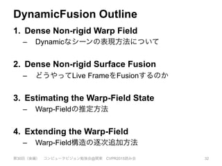 DynamicFusion Outline
1.  Dense Non-rigid Warp Field
–  Dynamicなシーンの表現方法について
2.  Dense Non-rigid Surface Fusion
–  どうやってLive FrameをFusionするのか
3.  Estimating the Warp-Field State
–  Warp-Fieldの推定方法
4.  Extending the Warp-Field
–  Warp-Field構造の逐次追加方法
第30回（後編） コンピュータビジョン勉強会@関東 CVPR2015読み会 32
 