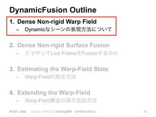DynamicFusion Outline
1.  Dense Non-rigid Warp Field
–  Dynamicなシーンの表現方法について
2.  Dense Non-rigid Surface Fusion
–  どうやってLive FrameをFusionするのか
3.  Estimating the Warp-Field State
–  Warp-Fieldの推定方法
4.  Extending the Warp-Field
–  Warp-Field構造の逐次追加方法
第30回（後編） コンピュータビジョン勉強会@関東 CVPR2015読み会 33
 