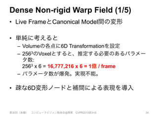 Dense Non-rigid Warp Field (1/5)
•  Live FrameとCanonical Model間の変形
•  単純に考えると
–  Volumeの各点に6D Transformationを設定
–  2563のVoxelとすると、推定する必要のあるパラメー
タ数:
2563 x 6 = 16,777,216 x 6 = 1億 / frame
–  パラメータ数が爆発。実現不能。
•  疎な6D変形ノードと補間による表現を導入
第30回（後編） コンピュータビジョン勉強会@関東 CVPR2015読み会 34
 