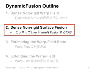 DynamicFusion Outline
1.  Dense Non-rigid Warp Field
–  Dynamicなシーンの表現方法について
2.  Dense Non-rigid Surface Fusion
–  どうやってLive FrameをFusionするのか
3.  Estimating the Warp-Field State
–  Warp-Fieldの推定方法
4.  Extending the Warp-Field
–  Warp-Field構造の逐次追加方法
第30回（後編） コンピュータビジョン勉強会@関東 CVPR2015読み会 40
 