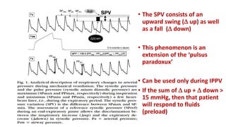 • The SPV consists of an
upward swing ( up) as well
as a fall ( down)
• This phenomenon is an
extension of the ‘pulsus
paradoxux’
• Can be used only during IPPV
• If the sum of  up +  down >
15 mmHg, then that patient
will respond to fluids
(preload)
 
