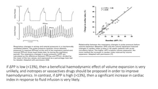 if ∆PP is low (<13%), then a beneficial haemodynamic effect of volume expansion is very
unlikely, and inotropes or vasoactives drugs should be proposed in order to improve
haemodynamics. In contrast, if ∆PP is high (>13%), then a significant increase in cardiac
index in response to fluid infusion is very likely.
 