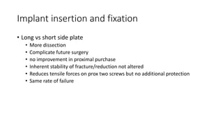 Implant insertion and fixation
• Long vs short side plate
• More dissection
• Complicate future surgery
• no improvement in proximal purchase
• Inherent stability of fracture/reduction not altered
• Reduces tensile forces on prox two screws but no additional protection
• Same rate of failure
 