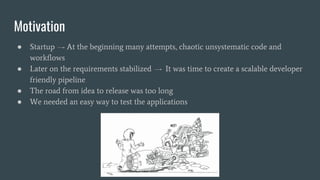 Motivation
● Startup At the beginning many attempts, chaotic unsystematic code and
workflows
● Later on the requirements stabilized It was time to create a scalable developer
friendly pipeline
● The road from idea to release was too long
● We needed an easy way to test the applications
 