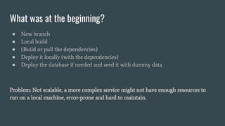 What was at the beginning?
● New branch
● Local build
● (Build or pull the dependencies)
● Deploy it locally (with the dependencies)
● Deploy the database if needed and seed it with dummy data
Problem: Not scalable, a more complex service might not have enough resources to
run on a local machine, error-prone and hard to maintain.
 