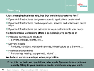 Summary Dynamic Infrastructures  © Fujitsu Siemens Computers 2008  All rights reserved From this portfolio we can deliver tailor made Dynamic Infrastructures, exactly fitting to your business needs, whichever way you want. A fast changing business requires Dynamic Infrastructures for IT Dynamic Infrastructures assign resources to applications on demand Dynamic Infrastructures combine products, services and solutions in novel ways Dynamic Infrastructures are delivered in ways customized to your needs Fujitsu Siemens Computers offers a comprehensive portfolio of Products, services and solutions Servers, storage, clients, etc… Delivery models Products, solutions, managed services, Infrastructure as a Service, … Financial arrangements Purchasing, leasing, pay-per-use, “cloud”, … We believe we have a unique value proposition 