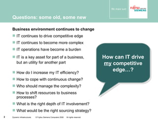 Questions: some old, some new Dynamic Infrastructures  © Fujitsu Siemens Computers 2008  All rights reserved How can IT drive  my  competitive edge…? Business environment continues to change IT continues to drive competitive edge IT continues to become more complex IT operations have become a burden IT is a key asset for part of a business, but an utility for another part How do I increase my IT efficiency? How to cope with continuous change? Who should manage the complexity? How to shift resources to business processes? What is the right depth of IT involvement? What would be the right sourcing strategy? 