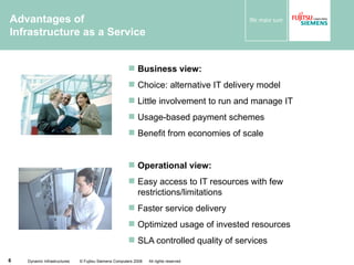 Advantages of Infrastructure as a Service Business view: Choice: alternative IT delivery model Little involvement to run and manage IT Usage-based payment schemes Benefit from economies of scale Operational view:   Easy access to IT resources with few restrictions/limitations Faster service delivery Optimized usage of invested resources  SLA controlled quality of services Dynamic Infrastructures  © Fujitsu Siemens Computers 2008  All rights reserved 