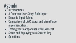 Agenda
● Introductions
● A Common User Story: Bulk Input
● Dynamic Input Tables
● Comparison of LWC, Aura, and Visualforce
implementations
● Testing your components with LWC-Jest
● Setup and deploying to a Scratch Org
● Questions
 