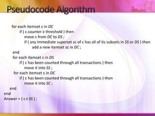 Pseudocode Algorithm        for each itemset c in DC                if ( c.counter ≥ threshold ) then                     move c from DC to DS ;                     if ( any immediate superset sc of c has all of its subsets in SS or DS ) then                             add a new itemset sc in DC ;         end         for each itemset c in DS               	if ( c has been counted through all transactions ) then                     move it into SS ;          for each itemset c in DC                if ( c has been counted through all transactions ) then	     move it into SC ;      endendAnswer = { c Є SS } ;