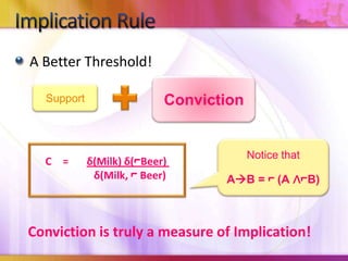 Implication RuleA Better Threshold!ConvictionSupportNotice that AB = ⌐ (A ∧⌐B)C 	=       δ(Milk) δ(⌐Beer) δ(Milk, ⌐ Beer)Conviction is truly a measure of Implication!