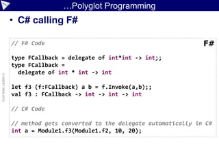 …Polyglot Programming
                    • C# calling F#

                    // F# Code

                    type FCallback = delegate of int*int -> int;;
                    type FCallback =
                      delegate of int * int -> int
© ASERT 2006-2010




                    let f3 (f:FCallback) a b = f.Invoke(a,b);;
                    val f3 : FCallback -> int -> int -> int

                    // C# Code

                    // method gets converted to the delegate automatically in C#
                    int a = Module1.f3(Module1.f2, 10, 20);
 