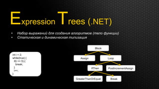 Expression Trees (.NET)
•   Набор выражений для создания алгоритмов (тело функции)
•   Статическая и динамическая типизация


                                                 Block

int i = 2;
while(true) {                         Assign             Loop
  if(i >= 5) {
    break;
  }                                            IfThen    PostIncrementAssign
  i++;
}
                                   GreaterThanOrEqual     Break
 