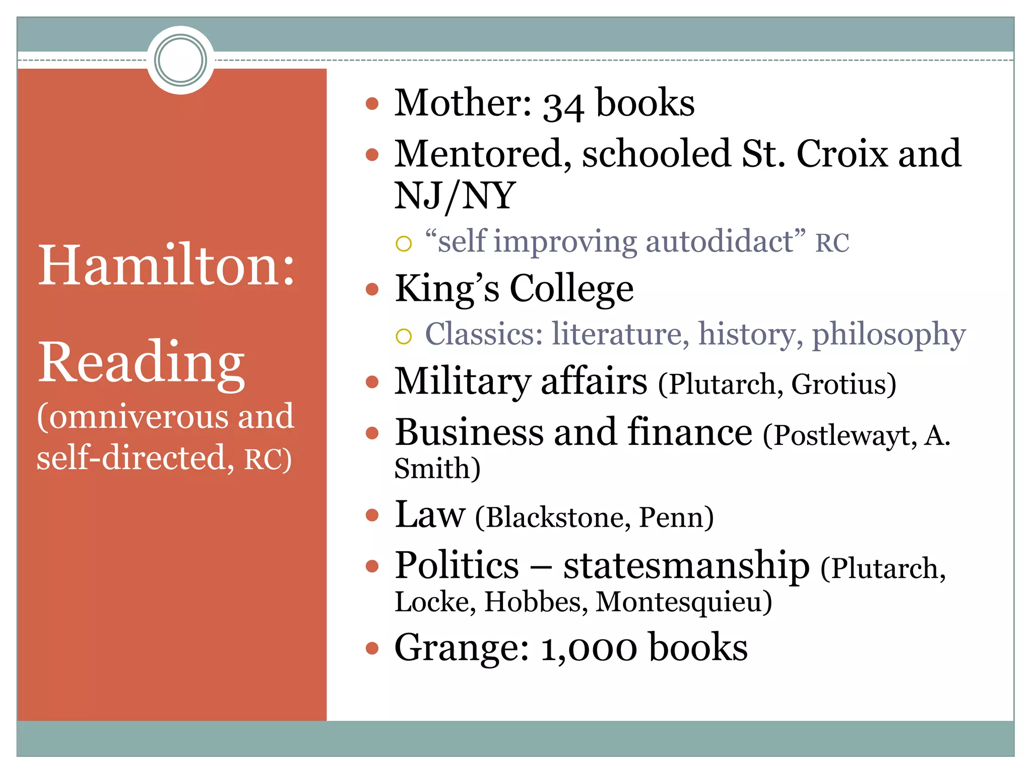  Mother: 34 books
                      Mentored, schooled St. Croix and
                       NJ/NY
                           “self improving autodidact” RC
Hamilton:
                       

                      King‟s College
                        Classics: literature, history, philosophy
Reading               Military affairs (Plutarch, Grotius)
(omniverous and       Business and finance (Postlewayt, A.
self-directed, RC)     Smith)
                      Law (Blackstone, Penn)
                      Politics – statesmanship (Plutarch,
                       Locke, Hobbes, Montesquieu)
                      Grange: 1,000 books
 