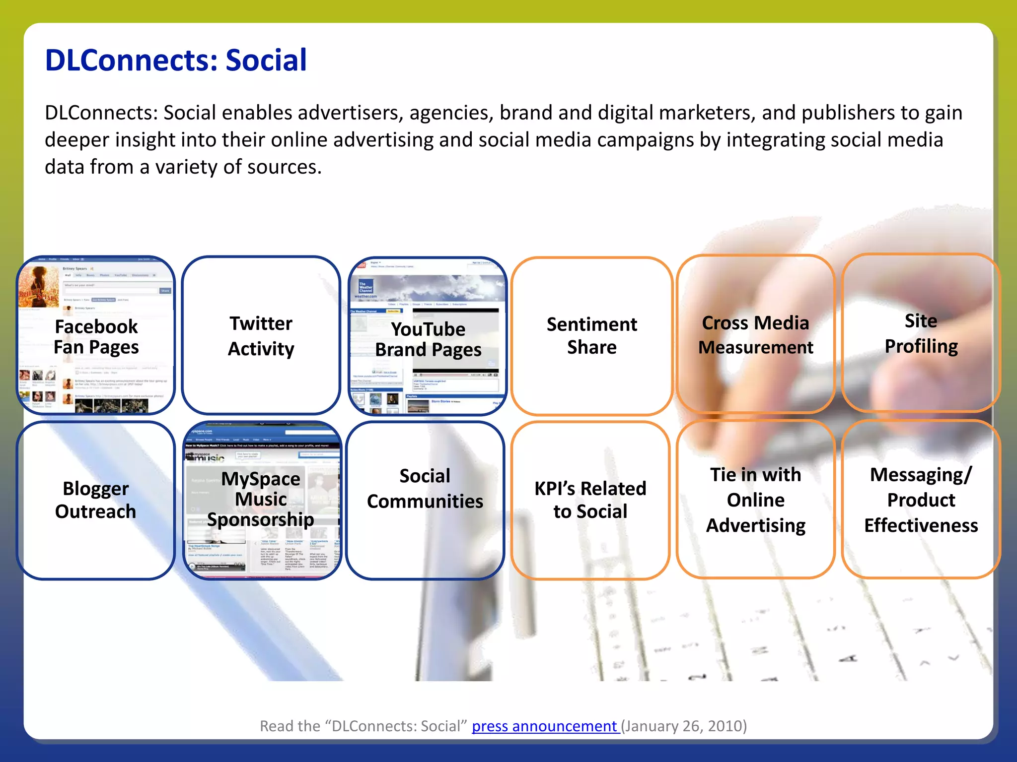 DLConnects: Social
DLConnects: Social enables advertisers, agencies, brand and digital marketers, and publishers to gain
deeper insight into their online advertising and social media campaigns by integrating social media
data from a variety of sources.




Facebook            Twitter             YouTube               Sentiment            Cross Media        Site
Fan Pages           Activity          Brand Pages               Share              Measurement      Profiling




                  MySpace               Social                                      Tie in with    Messaging/
  Blogger           Music                                   KPI’s Related
                                     Communities                                      Online         Product
 Outreach        Sponsorship                                  to Social
                                                                                    Advertising   Effectiveness




                       Read the “DLConnects: Social” press announcement (January 26, 2010)
 