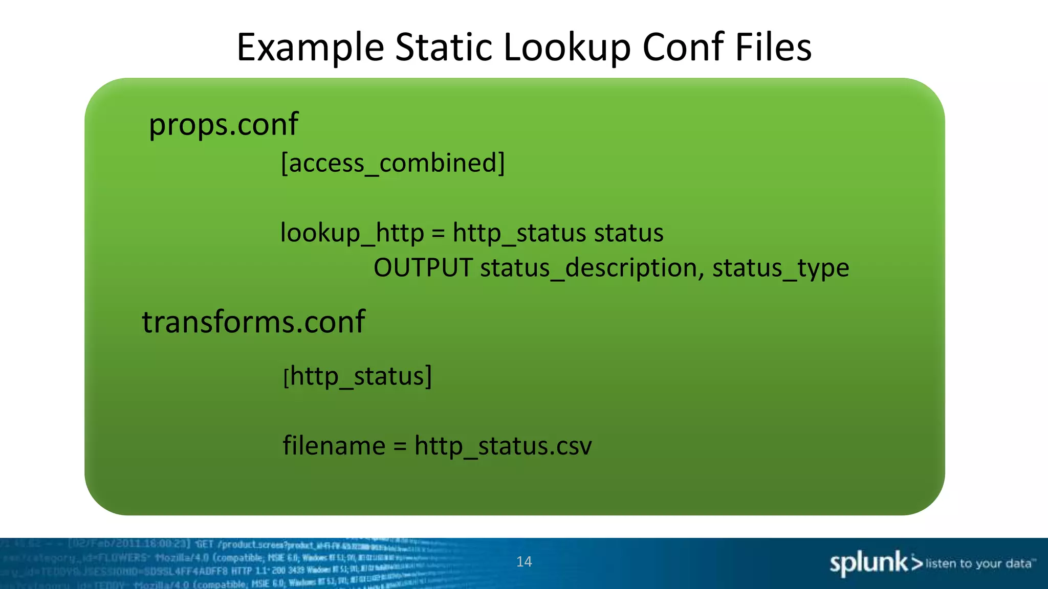Example Static Lookup Conf Files
props.conf
         [access_combined]

         lookup_http = http_status status
                OUTPUT status_description, status_type
transforms.conf
         [http_status]


         filename = http_status.csv


                             14
 