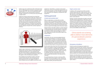 © Dynamic Markets Limited 2014Global Report: Missing Customer Expectations?5
Indeed, many more multichannel sellers (43%) blame their
lack of a CEM programme on this fact, compared to single
channel sellers (27%). Also, 33% of multichannel sellers
blame having too many communication channels to
manage, compared to 21% of those who only sell through
a single channel.
Indeed, this research demonstrates very clearly that
people across all departments within the company come
into contact with customers and prospects, and not just
the roles one might typically think of as customer-facing
staff (e.g. sales, customer services and marketing). The
fact that companies do not typically associate roles like
finance, R&D, compliance, IT, production and operations
etc as dealing with customers could be a blind spot in the
way they approach and plan their customer experience
initiatives.
Indeed, today’s multichannel / multidisciplinary way of
working with customers requires strong support from
enabling technology and it is not surprising to find
that 30% of those without a CEM programme blame its
absence on a lack of appropriate technology in place, (and
this applies to 34% of multichannel companies).
Encouragingly, poor boardroom support is the least
common reason given for a lack of comprehensive
CEM programmes (20%) and suggests that 80% of
these companies have such support, yet still lack a CEM
programme. Nevertheless, a company cannot spend
what it does not have, no matter how supportive the CEO,
and 30% of companies say a lack of budget is preventing
their organisation from adopting a comprehensive CEM
programme.
Getting personal:
A holistic personalised view?
What are organisations currently able to actually
achieve in terms of enhancing the experience of their
customers and prospects? The good news is that 90% of
organisations claim to be able to personalise at least some
element of the customer experience automatically and in
real time using the technology systems they have in place.
However, 83% are only able to deliver on certain elements
of what customers are now expecting and cannot deliver
a completely blended customer experience. Indeed, for
the sample as a whole, most percentages are close to
40%, suggesting some 60% cannot deliver against each
element [Table 1].
Uniqueness:
Nevertheless, the most commonly adopted element
of real-time personalisation is to treat each customer
as‘unique’where a company can automatically deliver
communications tailored to an individual’s preferences
(46%). Furthermore, 40% of companies claim to be able
to automatically inform customers of products / services
of potential interest based on their past purchase history.
But the research also shows that 70% of consumers now
expect to be treated as‘unique’by organisations, where
they are contacted in a way they want, and offered
products and services tailored to their preferences and
previous shopping habits [Table 1]. Indeed, consumers
are willing to put their money where their mouth
is, with 67% saying they would rather spend money
with companies that treat them in this way and as an
individual.
But significantly fewer consumers in Germany (40%)
and Japan (33%) say this applies to them, whereas this
approach is most welcome among consumers in China
(85%), Mexico (84%) and South Korea (82%).
Single customer view:
In addition, 42% of companies are able to provide
customer-facing staff with a single customer view in
real time when a customer contacts the company. Also,
38% say they can link together in real time all threads
of communication across different channels (e.g. web,
phone, social media etc).
However, consumer expectations are high on this front,
with 69% wanting organisations to offer them a wide
variety of contact methods and for customer-facing staff
to be fully up to speed on past conversations, emails and
tweets etc. But fewer consumers in Russia (35%), Japan
(45%), France (33%) and the Nordics (49%) expect this,
whereas this attitude is most common in the UK (81%),
India (80%), Mexico (92%), Australia (78%), South Korea
(81%) and the Middle East (84%) [Table 1].
Anticipation of problems:
Another area that technology has enabled is for
companies to be proactive with customers, which has the
potential to deliver an exceptional customer experience.
Indeed, 42% of companies say their customers can be
automatically notified by their corporate technology
systems of potential problems (e.g. late order, stock issues,
delivery problems etc) and proactively offered solutions.
However, more than twice as many consumers (92%)
already expect to be dealt with in this way and this time
there are only minor differences between consumers in
different countries (but again figures are slightly lower for
Japan) [Table 1].
China stands out as being
able to deliver more elements
of a personalised customer
experience
 