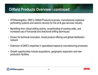 20
•  DYNAenergetics, DMC’s Oilfield Products business, manufactures explosive
perforating systems and seismic devices for the oil & gas services industry
•  Benefiting from robust drilling activity, re-perforating of existing wells, and
increased use of horizontal and directional drilling techniques
•  Known for technical innovation, broad product offering and global distribution
network
•  Extension of DMC’s expertise in specialized explosive manufacturing processes
•  Growth opportunities include acquisitions, geographic expansion and new
production facilities
Oilfield Products Overview - continued
 