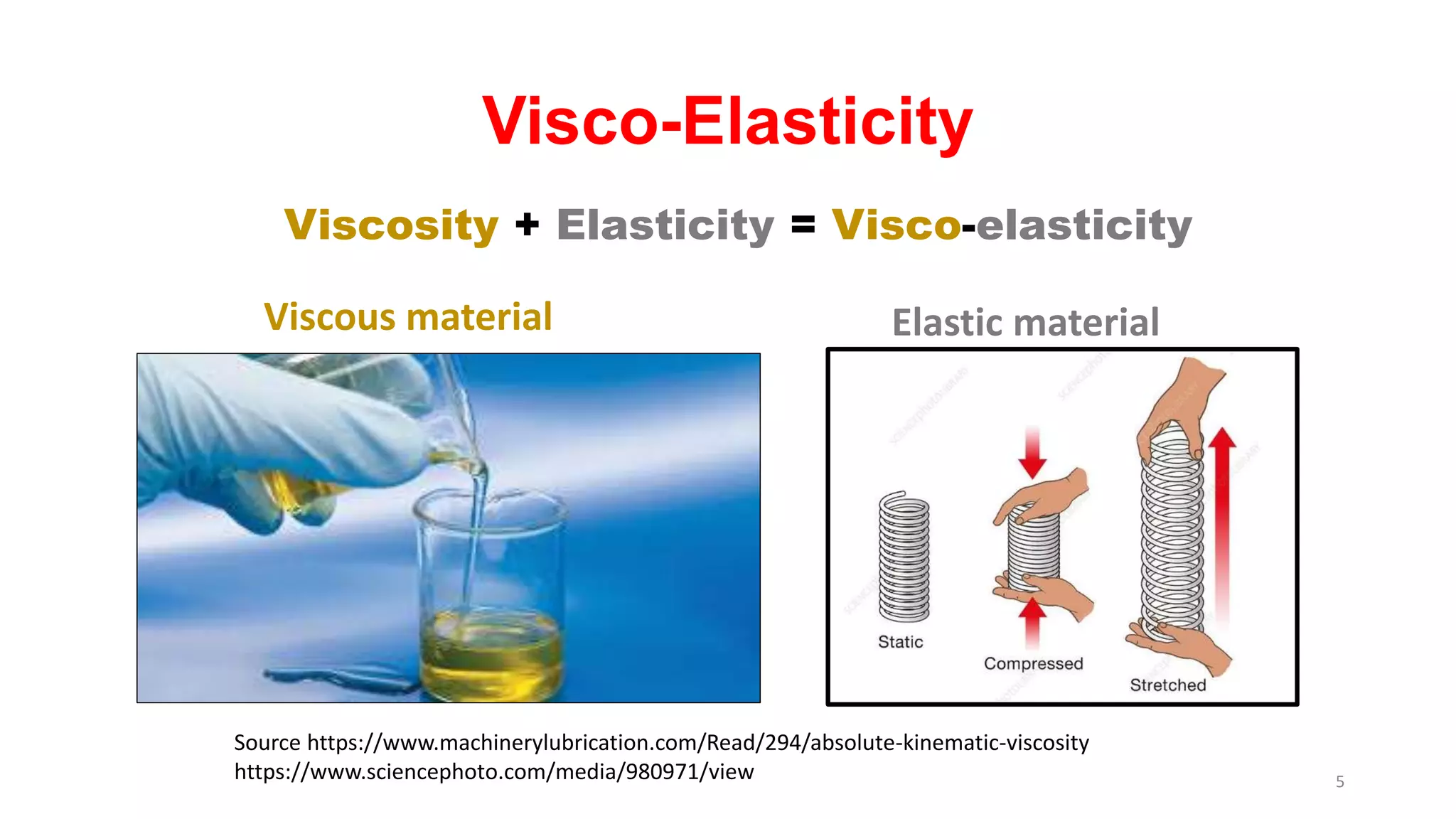Visco-Elasticity
Viscous material Elastic material
Viscosity + Elasticity = Visco-elasticity
Source https://www.machinerylubrication.com/Read/294/absolute-kinematic-viscosity
https://www.sciencephoto.com/media/980971/view 5
 