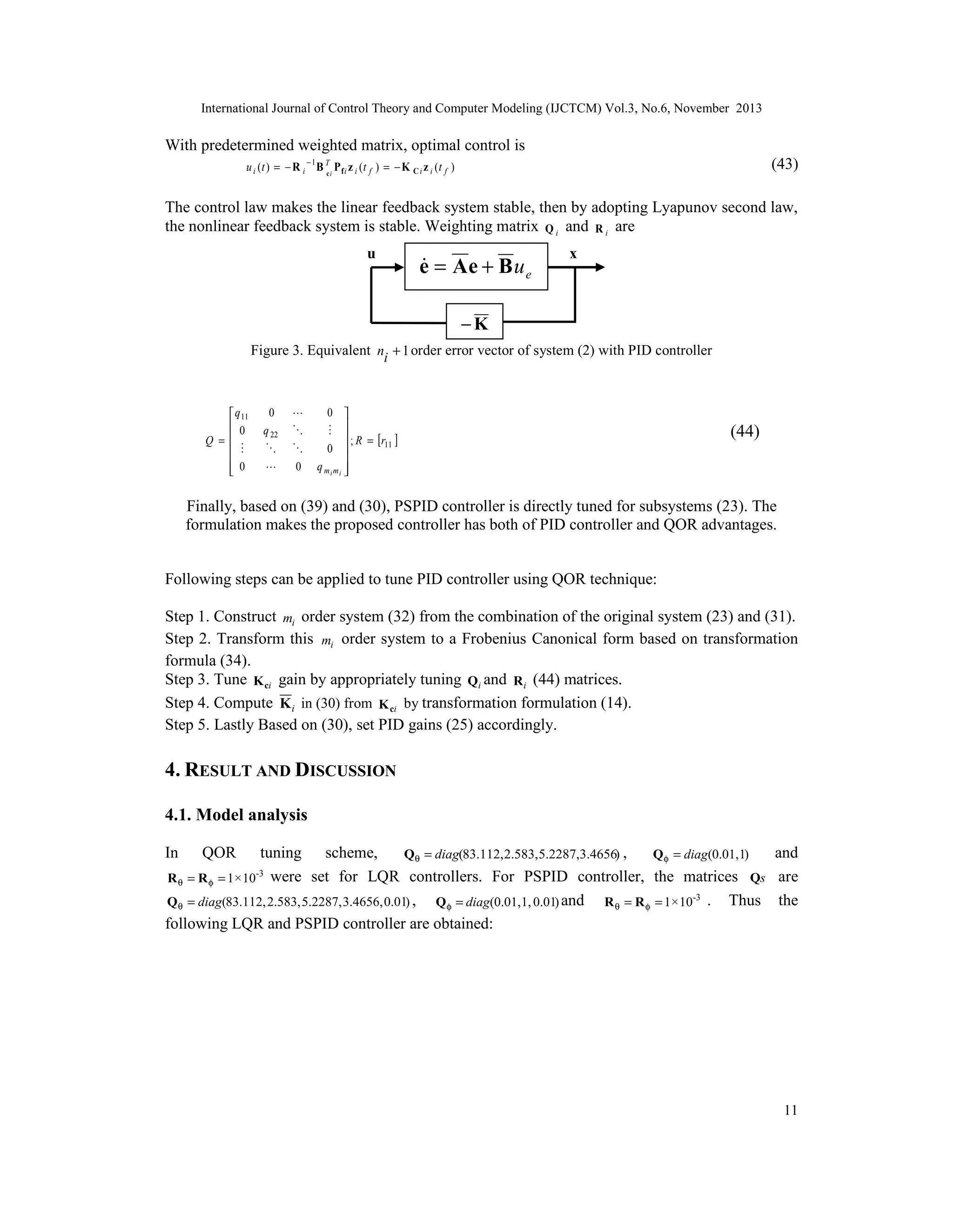 International Journal of Control Theory and Computer Modeling (IJCTCM) Vol.3, No.6, November 2013

With predetermined weighted matrix, optimal control is
u i ( t ) = − R i − 1 B Ti P f i z i ( t f ) = − K C i z i ( t f )
c

(43)

The control law makes the linear feedback system stable, then by adopting Lyapunov second law,
the nonlinear feedback system is stable. Weighting matrix Q i and R i are
u


e = Ae + B u e

x

−K
Figure 3. Equivalent ni + 1 order error vector of system (2) with PID controller

 q 11
 0
Q = 
 

 0


0



q 22







0

0 
 
 ; R = [r ]
11
0 

q mimi 


(44)

Finally, based on (39) and (30), PSPID controller is directly tuned for subsystems (23). The
formulation makes the proposed controller has both of PID controller and QOR advantages.
Following steps can be applied to tune PID controller using QOR technique:
Step 1. Construct mi order system (32) from the combination of the original system (23) and (31).
Step 2. Transform this mi order system to a Frobenius Canonical form based on transformation
formula (34).
Step 3. Tune K ci gain by appropriately tuning Qi and R i (44) matrices.
Step 4. Compute K i in (30) from K ci by transformation formulation (14).
Step 5. Lastly Based on (30), set PID gains (25) accordingly.

4. RESULT AND DISCUSSION
4.1. Model analysis
tuning scheme,
and
Qθ = diag(83.112, 2.583, 5.2287,3.4656) ,
Q φ = diag(0.01,1)
R θ = R φ = 1 × 10 were set for LQR controllers. For PSPID controller, the matrices Qs are
Q θ = diag(83.112, 2.583, 5.2287, 3.4656, 0.01) , Q φ = diag(0.01,1, 0.01) and
R θ = R φ = 1 × 10-3 . Thus the
following LQR and PSPID controller are obtained:
In

QOR

-3

11

 