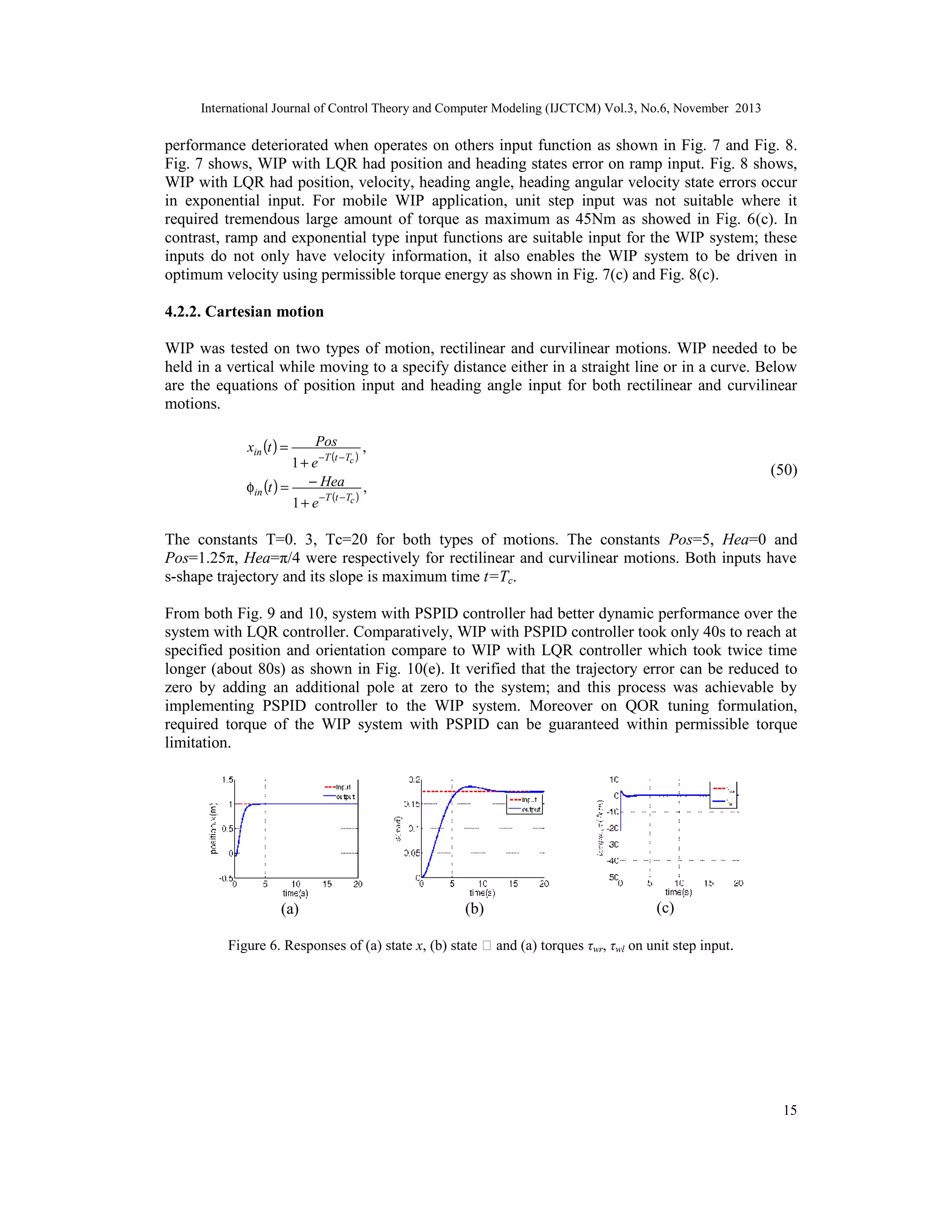 International Journal of Control Theory and Computer Modeling (IJCTCM) Vol.3, No.6, November 2013

performance deteriorated when operates on others input function as shown in Fig. 7 and Fig. 8.
Fig. 7 shows, WIP with LQR had position and heading states error on ramp input. Fig. 8 shows,
WIP with LQR had position, velocity, heading angle, heading angular velocity state errors occur
in exponential input. For mobile WIP application, unit step input was not suitable where it
required tremendous large amount of torque as maximum as 45Nm as showed in Fig. 6(c). In
contrast, ramp and exponential type input functions are suitable input for the WIP system; these
inputs do not only have velocity information, it also enables the WIP system to be driven in
optimum velocity using permissible torque energy as shown in Fig. 7(c) and Fig. 8(c).
4.2.2. Cartesian motion
WIP was tested on two types of motion, rectilinear and curvilinear motions. WIP needed to be
held in a vertical while moving to a specify distance either in a straight line or in a curve. Below
are the equations of position input and heading angle input for both rectilinear and curvilinear
motions.
xin (t ) =

Pos
,
1 + e −T (t −Tc )
φin (t ) = − Hea ,
1 + e −T (t −Tc )

(50)

The constants T=0. 3, Tc=20 for both types of motions. The constants Pos=5, Hea=0 and
Pos=1.25π, Hea=π/4 were respectively for rectilinear and curvilinear motions. Both inputs have
s-shape trajectory and its slope is maximum time t=Tc.
From both Fig. 9 and 10, system with PSPID controller had better dynamic performance over the
system with LQR controller. Comparatively, WIP with PSPID controller took only 40s to reach at
specified position and orientation compare to WIP with LQR controller which took twice time
longer (about 80s) as shown in Fig. 10(e). It verified that the trajectory error can be reduced to
zero by adding an additional pole at zero to the system; and this process was achievable by
implementing PSPID controller to the WIP system. Moreover on QOR tuning formulation,
required torque of the WIP system with PSPID can be guaranteed within permissible torque
limitation.

(a)

(b)

(c)

Figure 6. Responses of (a) state x, (b) state ϕ and (a) torques τwr, τwl on unit step input.

15

 