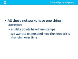 •  All these networks have one thing in
common:	
– all data points have time stamps	
– we want to understand how the network is
changing over time	
 