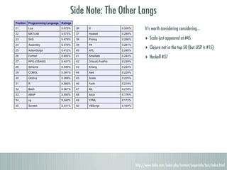 Side Note: The Other Langs
                         It’s worth considering considering...

                         ‣ Scala just appeared at #45
                         ‣ Clojure not in the top 50 (but LISP is #15)
                         ‣ Haskell #37




                   http://www.tiobe.com/index.php/content/paperinfo/tpci/index.html
 