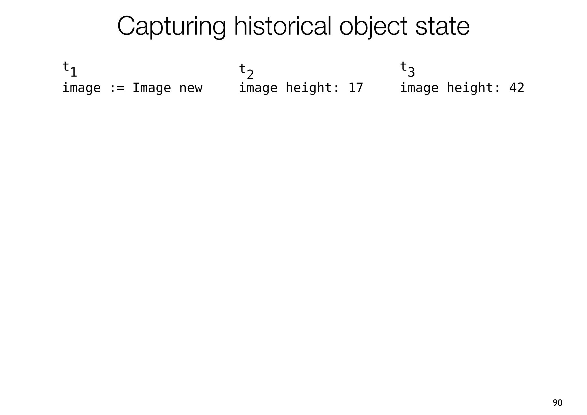 Capturing historical object state
t1                   t2                 t3
image := Image new   image height: 17   image height: 42




                                                           90
 