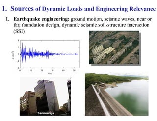 1. Earthquake engineering: ground motion, seismic waves, near or
far, foundation design, dynamic seismic soil-structure interaction
(SSI)
1. Sources of Dynamic Loads and Engineering Relevance
5
 