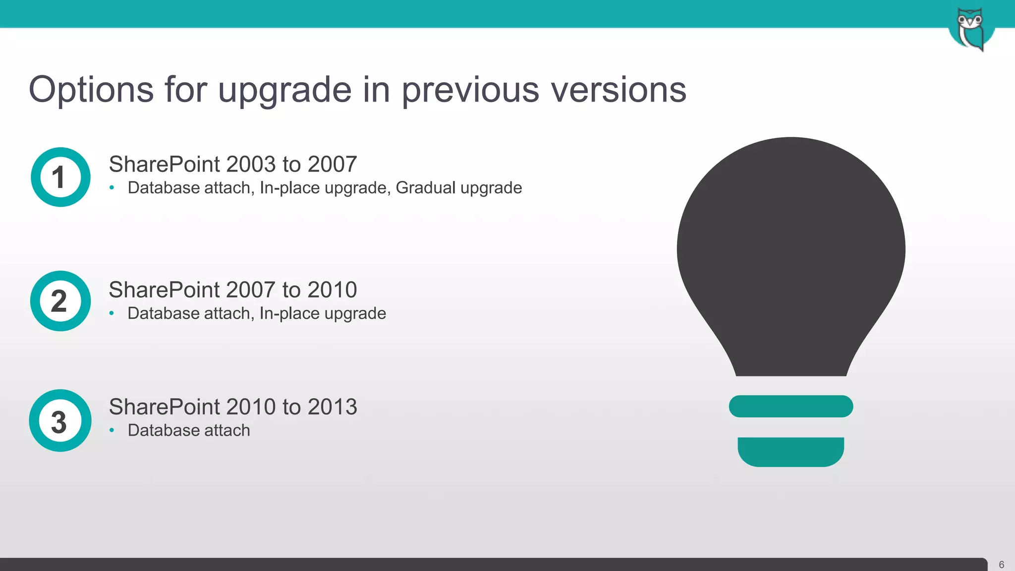 Options for upgrade in previous versions
6
SharePoint 2003 to 2007
• Database attach, In-place upgrade, Gradual upgrade1
SharePoint 2007 to 2010
• Database attach, In-place upgrade2
SharePoint 2010 to 2013
• Database attach3
 