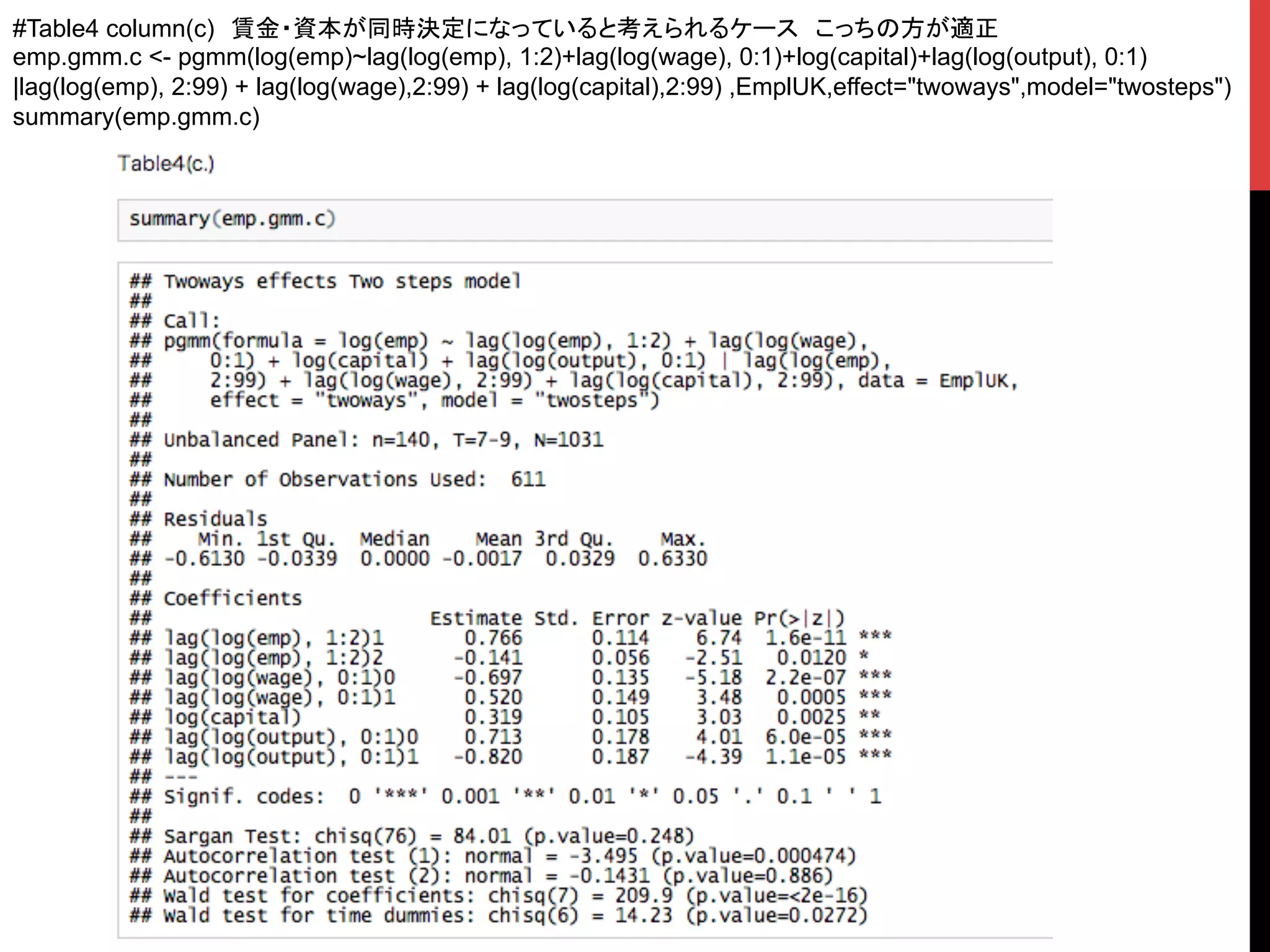 #Table4 column(c)　賃金・資本が同時決定になっていると考えられるケース　こっちの方が適正
emp.gmm.c <- pgmm(log(emp)~lag(log(emp), 1:2)+lag(log(wage), 0:1)+log(capital)+lag(log(output), 0:1)
|lag(log(emp), 2:99) + lag(log(wage),2:99) + lag(log(capital),2:99) ,EmplUK,effect="twoways",model="twosteps")
summary(emp.gmm.c)	
 