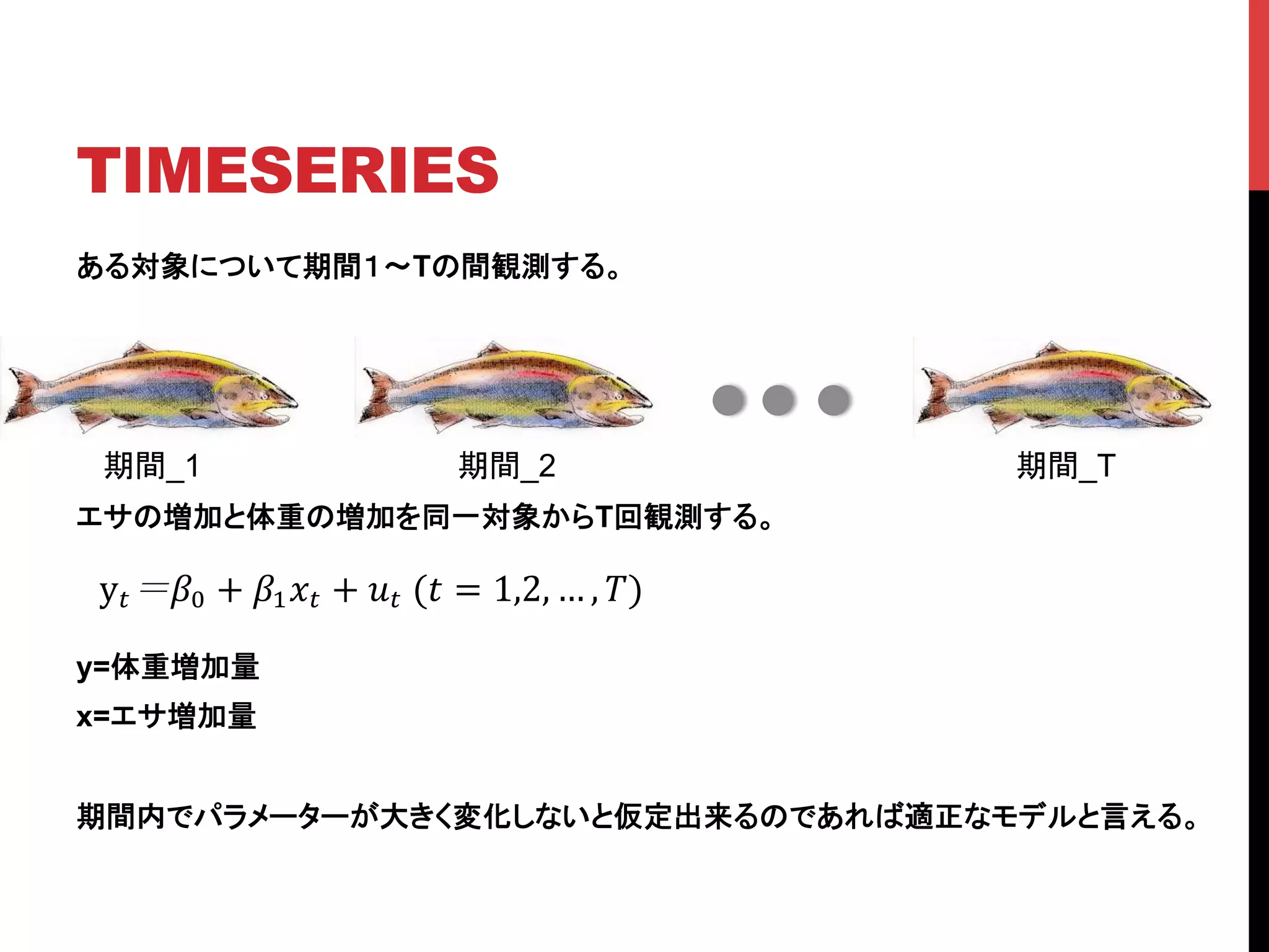 ある対象について期間１〜Tの間観測する。
エサの増加と体重の増加を同一対象からT回観測する。
y=体重増加量
x=エサ増加量
期間内でパラメーターが大きく変化しないと仮定出来るのであれば適正なモデルと言える。
期間_1	
 期間_2	
 期間_T	
TIMESERIES	
y! !! + !!!! + !!!(! = 1,2, … , !)
 